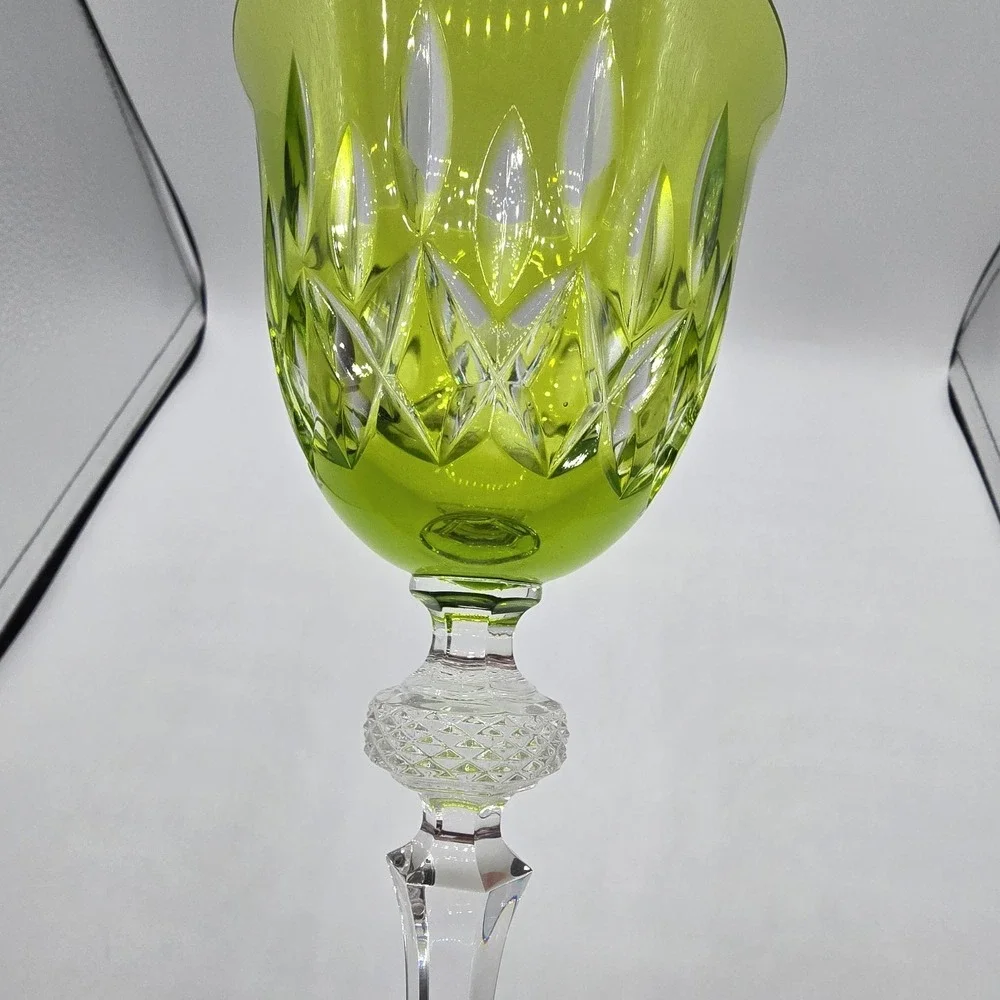 Vtg Crystal Wine Goblet Glass Green Cut‎ Glass Unknown Maker